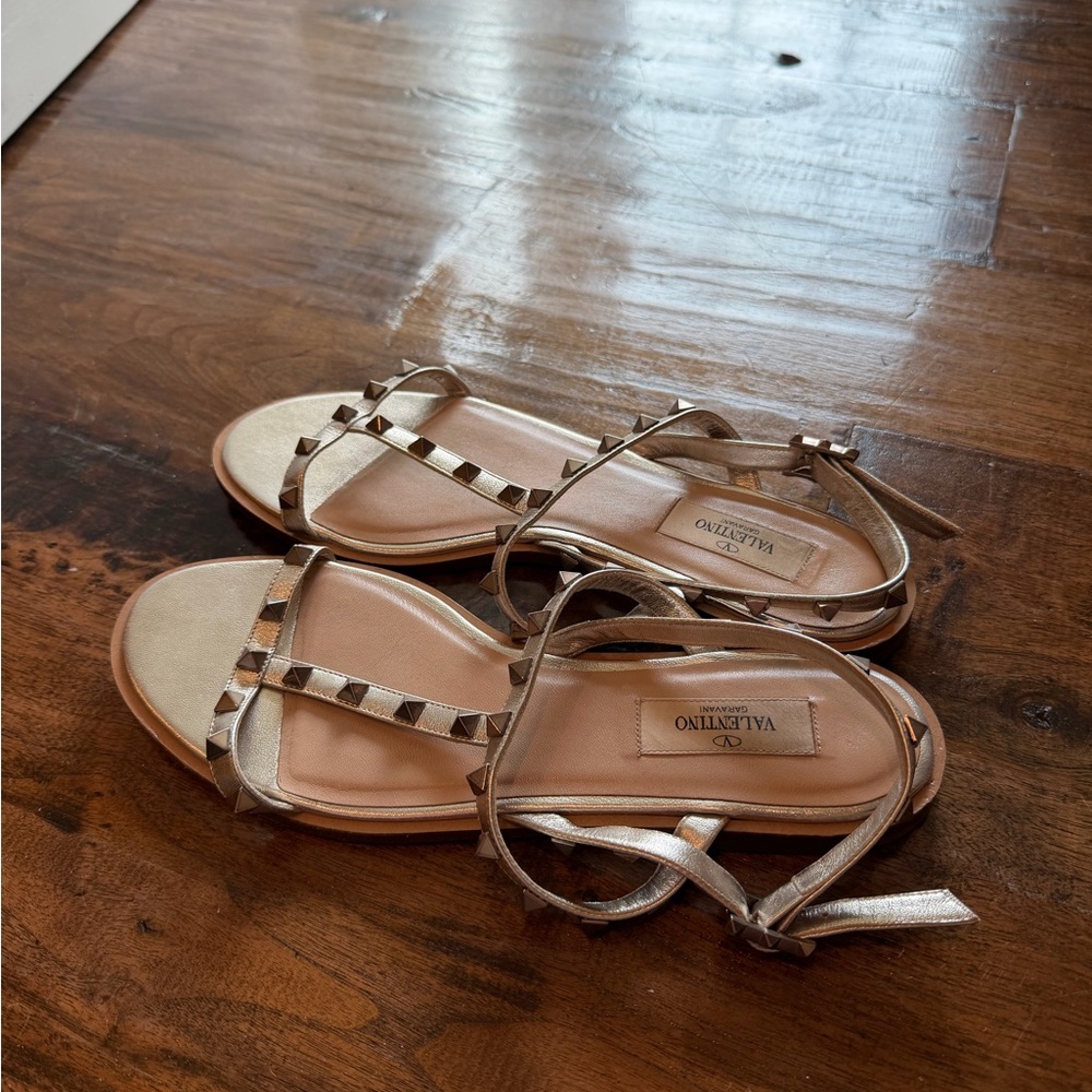 Valentino Women's Metallic Gold Studded Sandals - Picture 3 of 4